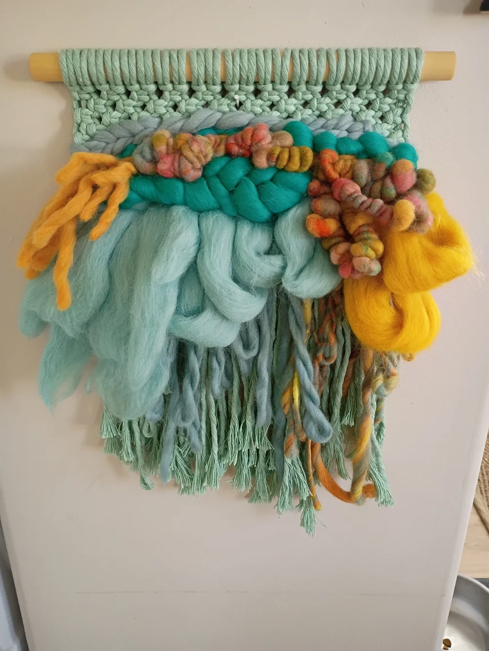 Handcrafted Mint and Yellow Wool Wall Tapestry